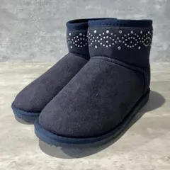 ムートンブーツ（Lサイズ）ラインストーン/スエード/ネイビー/装飾