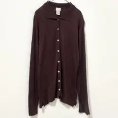 高級シルク100% MERONA【M】襟付きカーディガン ダークブラウン系