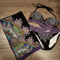 紫　ビキニ+パレオ付きセット　パープル　エスニック　黒　シック　セクシー