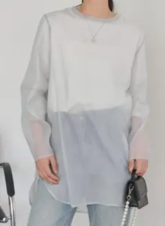 シースルー長袖トップスライト グレー