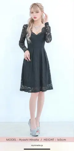 ブラック レース 長袖 ひざ丈ワンピース