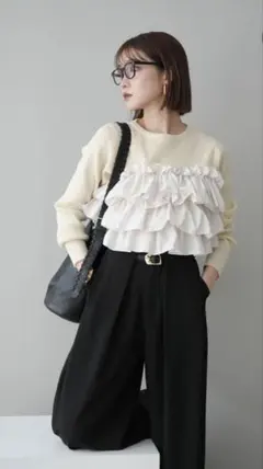 Lumier フリルビスチェドッキングスポンジニットプルオーバー+ワイドパンツ