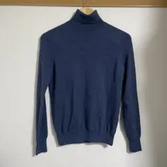 ダークブルー タートルネックニット 長袖　ウール100%