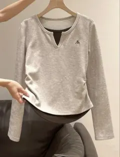 SHEIN レイヤード風 長袖カットソー ベージュ×ブラウン【Mサイズ】