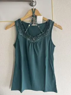 axes femme アクシーズ　グリーン ビジューストラップ タンクトップ M