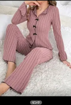 リブ編みストライプパジャマセット ピンク　SHEIN　Mのサムネイル
