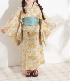 ペアマノン　浴衣　オレンジ　花柄　100㎝　　帯訳あり