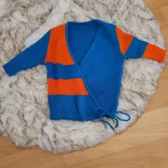 ニット カーディガン ブルー オレンジ アクセント 配色