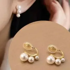パール3連デザインイヤリング　ゴールドカラー⑧