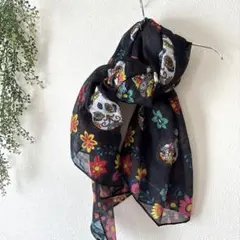 ZARAザラ　メキシカンスカル大判スカーフ　ドクロ花柄フラワースカルのサムネイル
