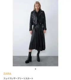 ZARA フェイクレザー　プリーツスカート　アシンメトリースカート　ブラック