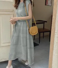 クロシェ編み フレンチスリーブ ロングワンピース　サマーニットABITOKYO