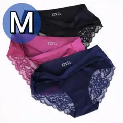 シームレス レース ショーツ 光沢 3枚セット M ブラック ワインレッド