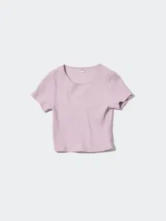 薄ピンク　リブ編み 半袖Tシャツ