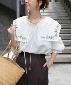 B.C STOCK 刺繍襟つきブラウス ビッグカラー リボン付きブラウスのサムネイル