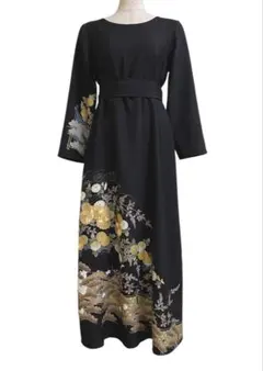 留袖ワンピース　留袖ドレス　着物リメイクロングワンピース　ハンドメイド　黒留袖