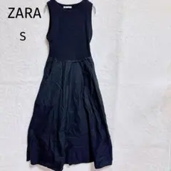 【ザラ】ワンピース S黒 ノースリーブ リブニットフレア上品 カジュアル