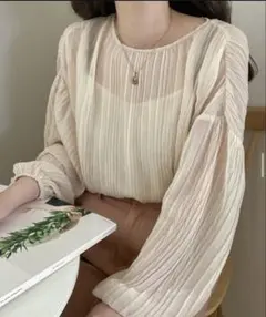 LAUIR リンクルブラウス 2way シアーシャツ アイボリー 淡色コーデ