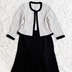 レリアン 大きいサイズ 13+ ノーカラースーツ セットアップ 黒白 ストライプ