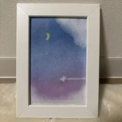 月と飛行機を描いた手描きパステルアート フレーム付き