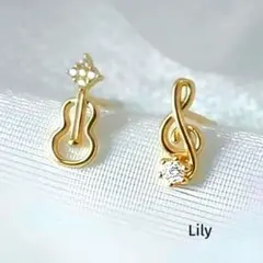 ✨ 音符 ト音記号 バイオンリン 左右非対称 ゴールド ピアス ジルコン 音楽
