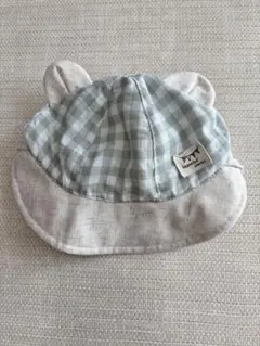 クマ耳付きベビー帽子 グレーとホワイトチェック