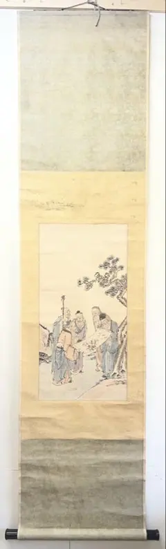 真作】掛軸 蓬莱二仙 吉祥画 松竹梅鶴亀 長寿福徳を祈る吉祥掛物 U74