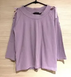 イング 五分袖 トップス 長袖 ピンク 薄紫 リボン付き リブ編み