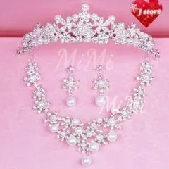 【高品質】パールセット ピアス・ネックレス・ティアラ 新品ブライダル花モチーフ