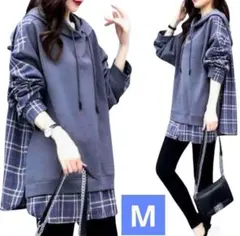 レディースМパーカーチュニックワンピースチェック長袖 大きいサイズゆったり