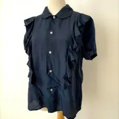 【希少】 コムデギャルソン フリル 半袖 シャツ ブラウス 丸襟 ネイビー L