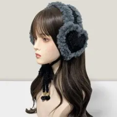 ハンドメイド イヤーマフ 耳あて ハート グレー ブラック 耳当て 編み物