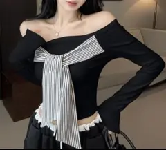 オフショルダー ストライプリボン 長袖トップス