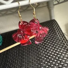 リボン型ピアス 赤とピンク金具ステンレス