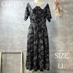CLETTE レース襟　花柄フレアワンピース　半袖　ブラック　大きいサイズ　LL