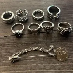 シルバー色リング8点セットとピンバッジ