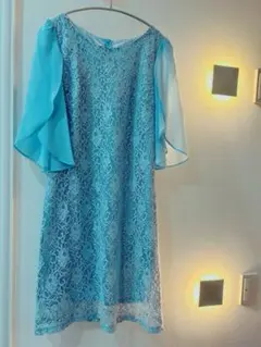 水色 レース フレアスリーブ ドレス