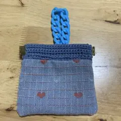 ハンドメイド デニム調 ハート柄 ポーチ チェーン付き　バネポーチ　（水色）