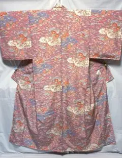 2-A 着物　総柄　ピンク　ポリエステル　洗える着物　袷