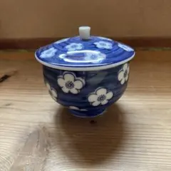 青色花柄の蓋付き湯飲み　昭和レトロ