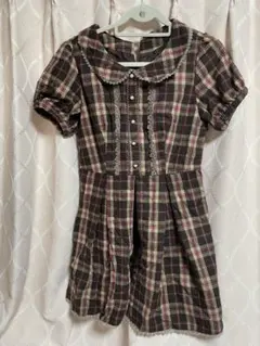 【美品】PRIME PATTERN風襟付チェック柄半袖ワンピースLサイズ秋服秋物