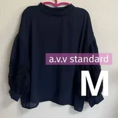 a.v.v standard パフスリーブ ドット花柄シアー袖ネイビーブラウスM
