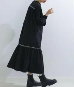 RayBEAMS 黒 無地 配色ステッチギャザーワンピース ドレス F 極美品