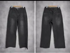 ダークグレー ハイウエスト ワイドレッグ デニムパンツ