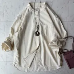 美品✨無印良品　洗いざらしオックス　スタンドカラー　長袖シャツ　生成り　Lのサムネイル