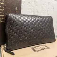 《美品》GUCCIグッチマイクロシマレザー オーガナイザー長財布 ダークブラウン