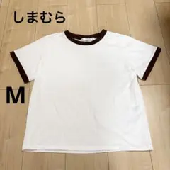しまむら 配色 シンプル プルオーバー 半袖Tシャツ ホワイト×ブラウンのサムネイル