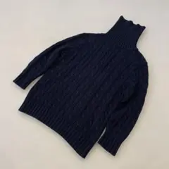 美品ラルフローレン濃いネイビー ケーブル編み タートルネックセーター7部袖