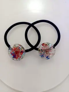 ヘアゴム ハンドメイド お花 レースフラワー　琉球ガラス　2点セット②のサムネイル