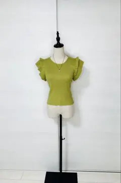フリルスリーブ 半袖ニット イエローグリーン / Green top